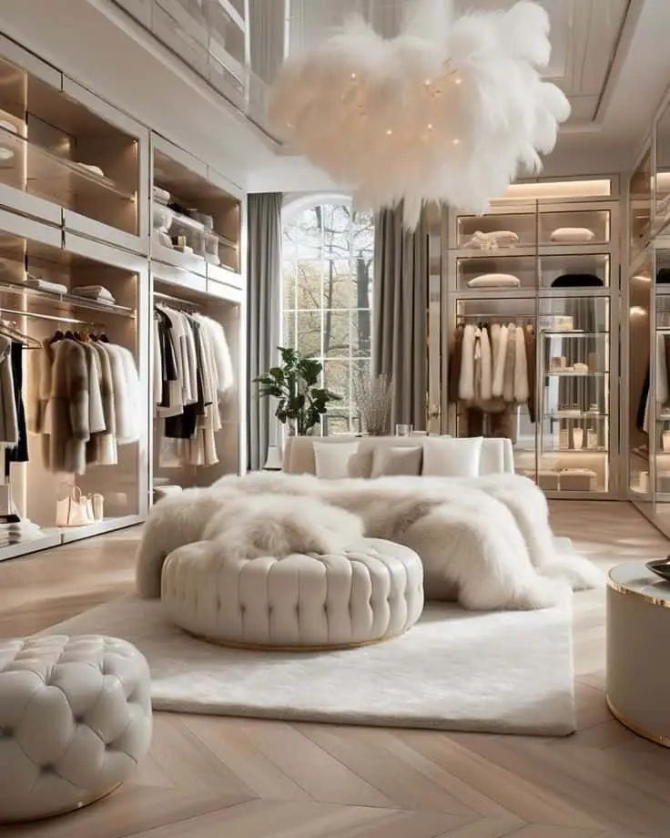 Luxurious walk-in closet with fur coats, plush ottoman, and chic chandelier. Elegant, modern design with ample wardrobe storage.
