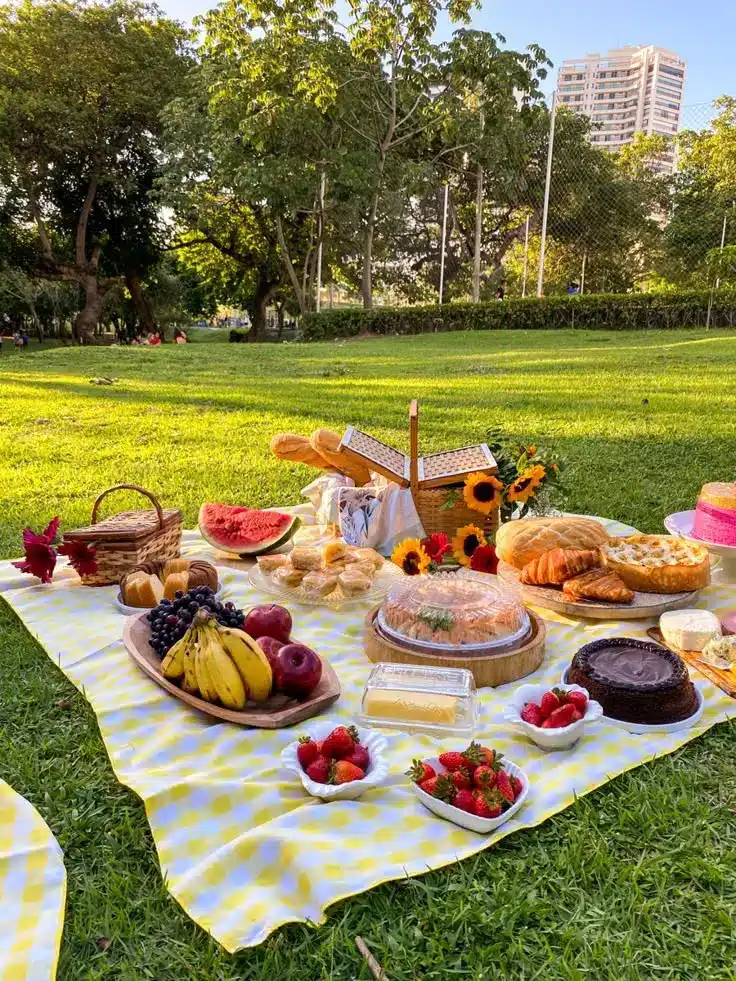 Picnic spread on a sunny day with fruits, pastries, and a basket on a gingham cloth in a lush park setting. Perfect outdoor dining.
