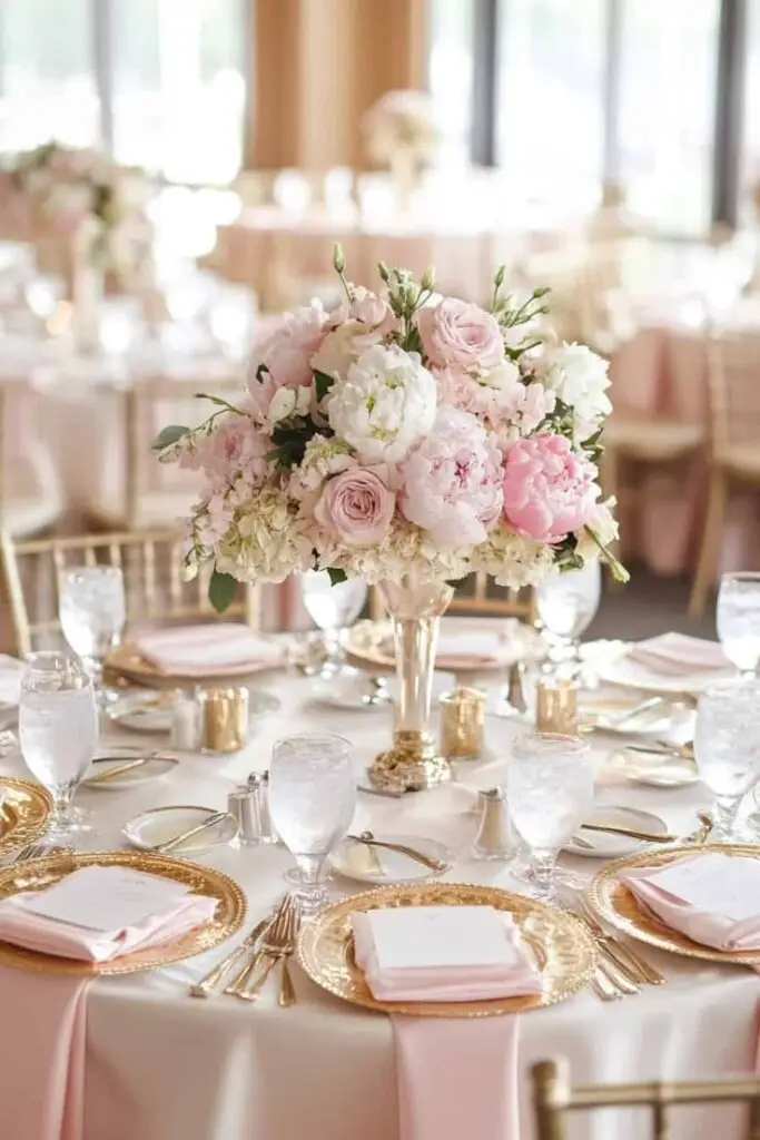 Elegant wedding table setting with pink and white floral centerpiece, gold plates, and neatly arranged cutlery.