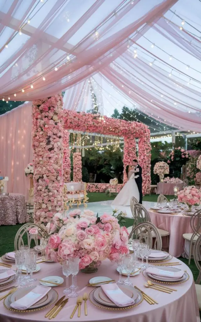 Elegant wedding with pink floral decor, draped canopy, and romantic lighting. Tables set with pink accents for a stunning outdoor celebration.
