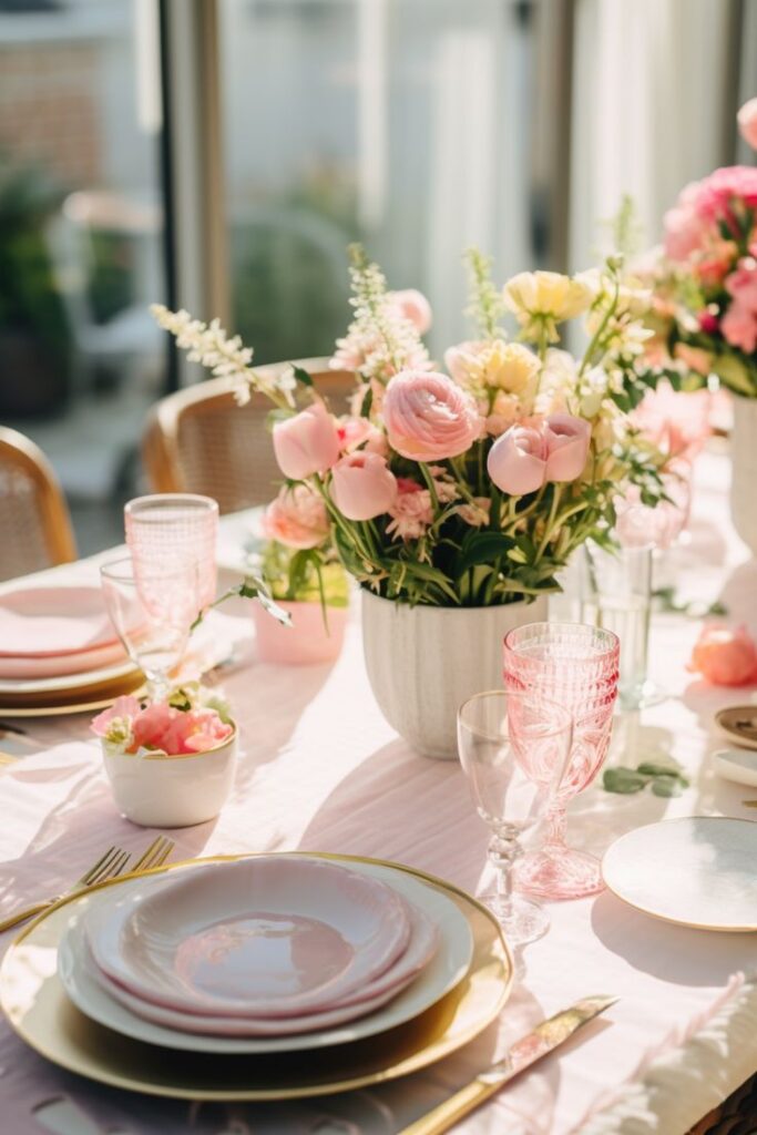 Elegant table setting with pink flowers, plates, and glasses, perfect for a romantic dining experience.