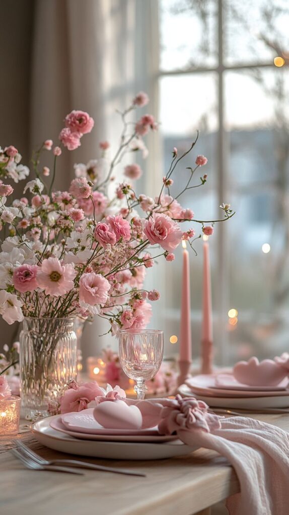 Elegant table setting with pink flowers, candles, and soft decor, creating a romantic and cozy dining atmosphere by the window.