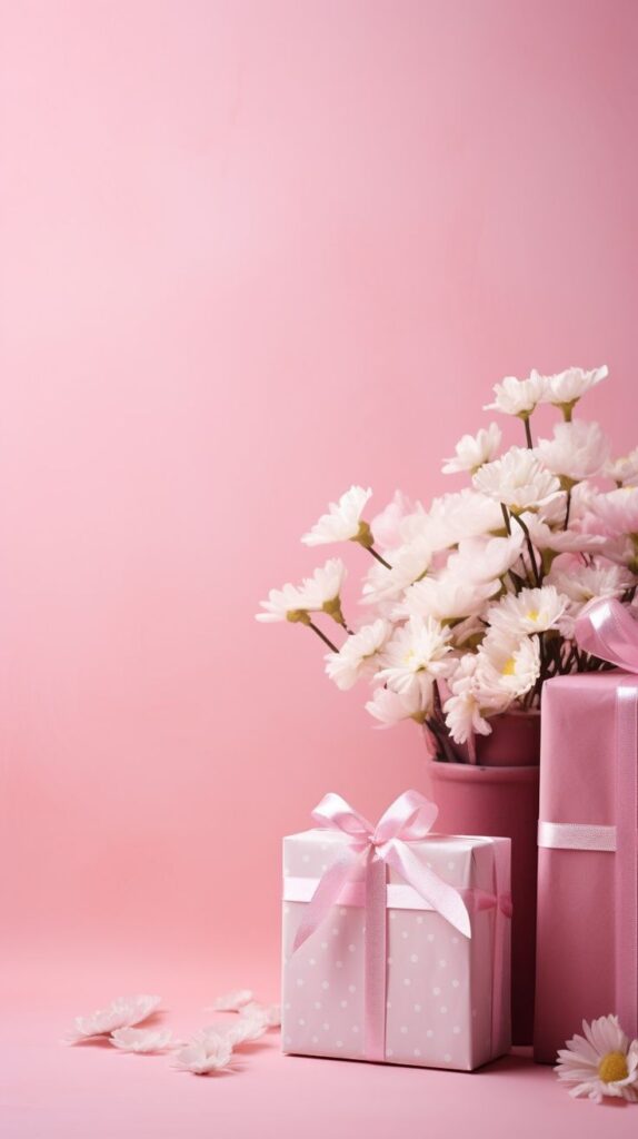 Pink-themed gift boxes and white flowers on a pastel background create a beautiful, elegant setting for celebrations and gifts.