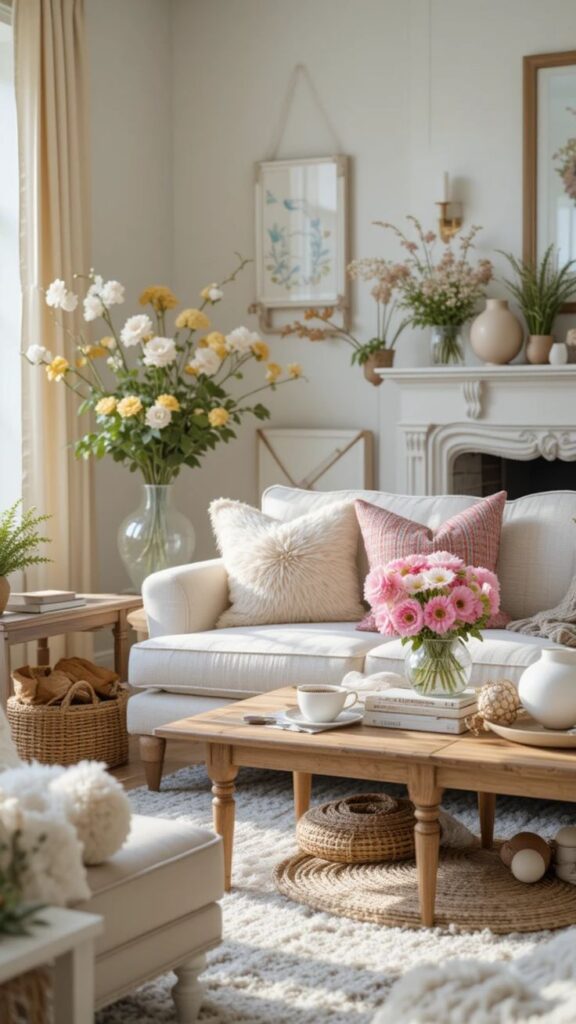 Cozy living room with a white sofa, fluffy pillows, and fresh flowers on a wooden table. Bright, airy decor in natural tones.