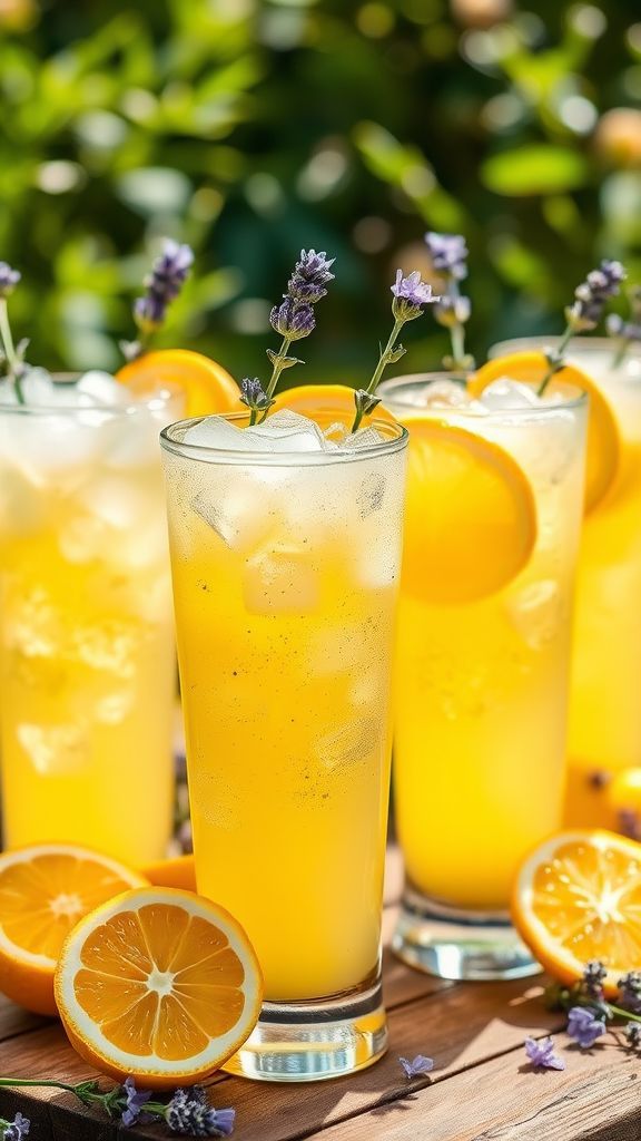 Refreshing orange and lavender iced drinks in tall glasses, garnished with fresh slices, on a sunny table. Perfect summer beverage.