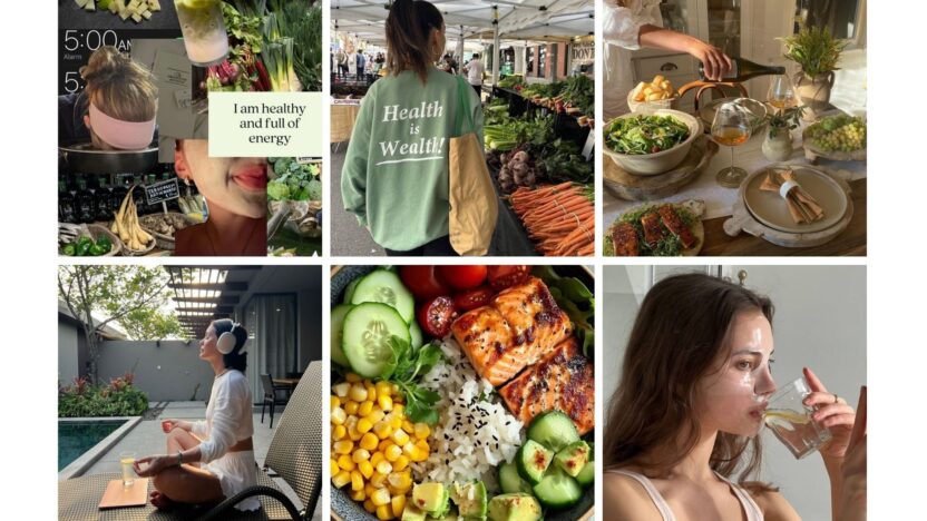 Collage of healthy lifestyle: meditation, fresh food market, nutritious meals, and skincare emphasizing wellness and vitality.