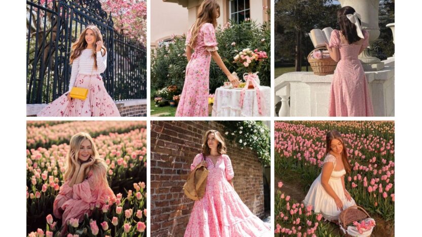 Women in pink dresses enjoying spring gardens and flowers, capturing romantic and vintage fashion aesthetics.