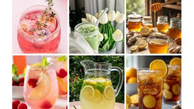 Collage of refreshing drinks: lemonade, honey tea, iced coffee, herbal tea with flowers, and matcha smoothie with tulips.