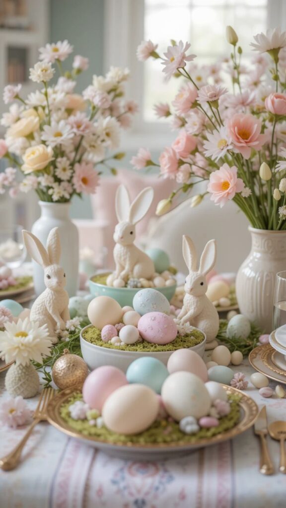 Pastel Easter table setting with bunny figures, colorful eggs, and spring flowers creating a festive and elegant atmosphere.