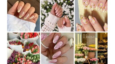 Collage of elegant nail designs and vibrant bouquets of tulips and roses displayed in a charming flower shop setting.