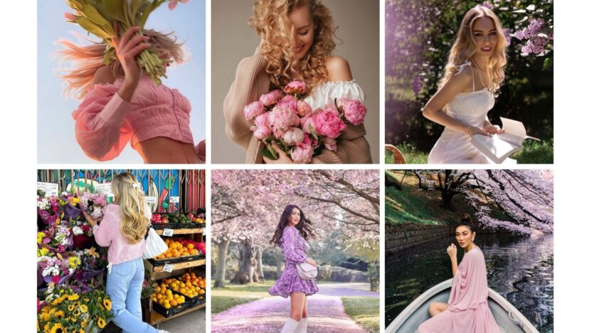 Collage of women enjoying spring, with flowers, gardens, and serene landscapes, capturing the essence of nature and beauty.