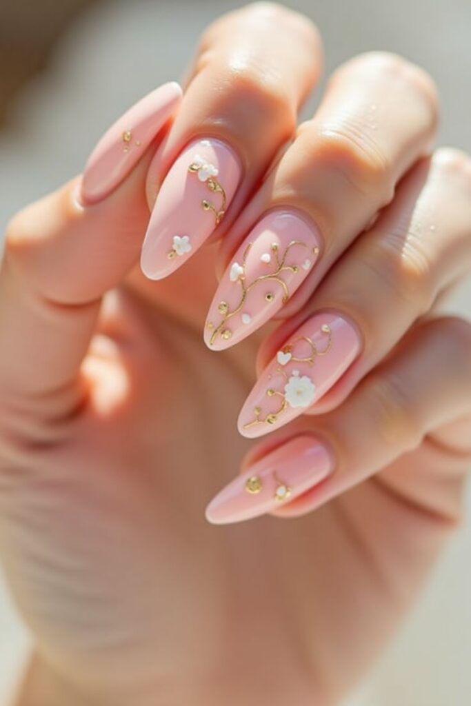 Elegant pink floral nail art with delicate gold accents on manicured nails, showcasing intricate and stylish design.