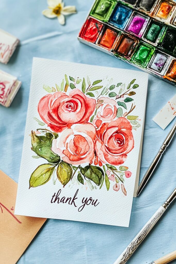 Watercolor thank you card with red roses, surrounded by paints and brushes on a blue surface. Perfect for expressing gratitude.