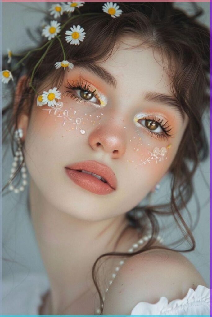 Young woman with artistic daisy-inspired makeup, vibrant eye shadow, and delicate floral face art, exuding a whimsical beauty.