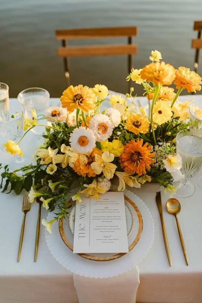 Elegant table setting with vibrant yellow and orange floral centerpiece, golden cutlery, and a menu on a white tablecloth by the water.