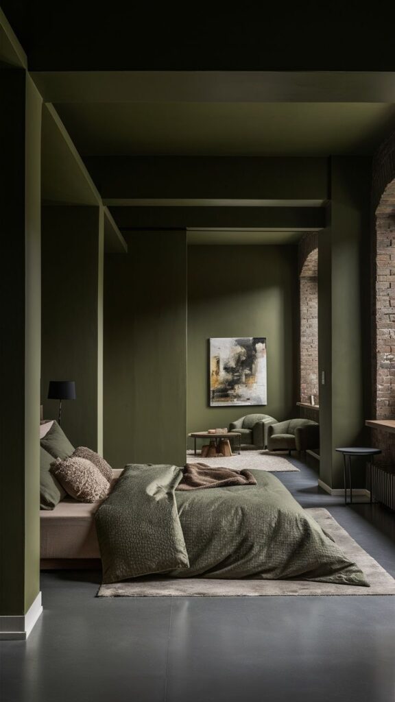 Modern bedroom with olive green walls, cozy bed, abstract art, and natural light. Stylish interior design with earthy tones.