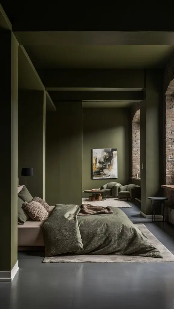 Modern bedroom with olive green walls, cozy bed, abstract art, and natural light. Stylish interior design with earthy tones.
