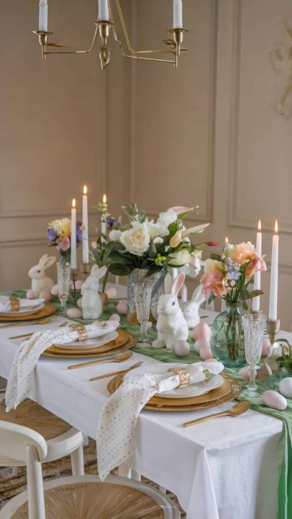 Elegant Easter table setting with floral centerpieces, candles, and decorative bunnies. Pastel accents create a festive ambiance.