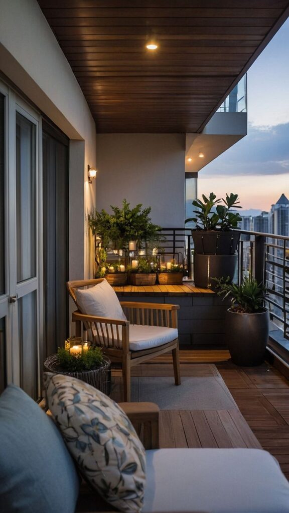 Stylish balcony with cozy wooden chairs, soft lighting, and lush plants, creating a relaxing urban retreat at sunset.