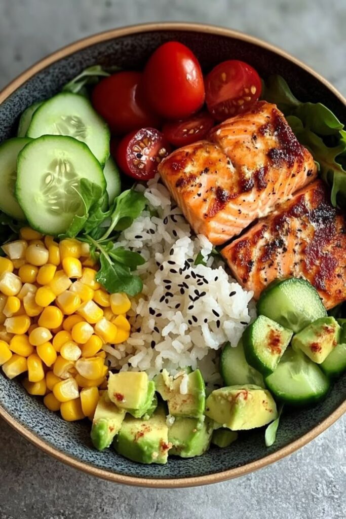 Grilled salmon bowl with rice, avocado, corn, cucumbers, cherry tomatoes, and sesame seeds. Balanced, colorful and nutritious meal.