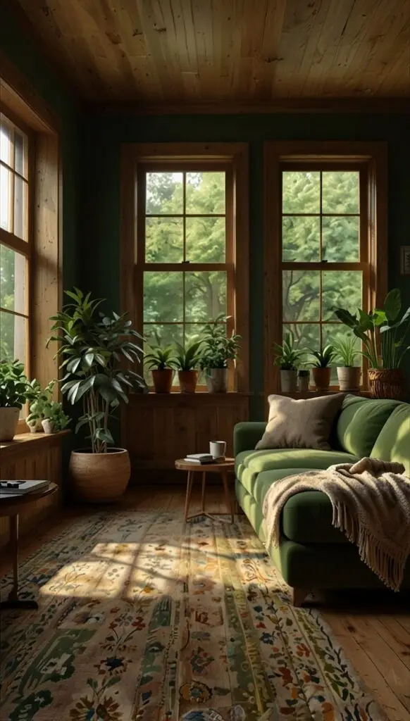 Cozy living room with green sofa, wooden floor, plants by tall windows, and sunlight streaming onto a patterned rug.