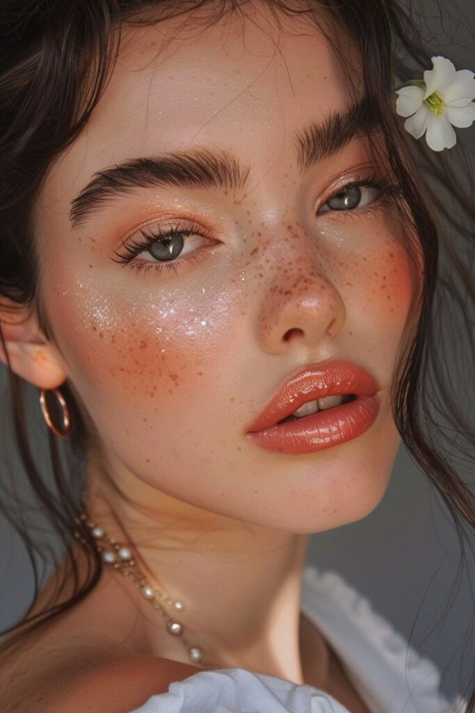 Woman with freckles and glossy lips, adorned with a flower in her hair, glowing natural makeup look.