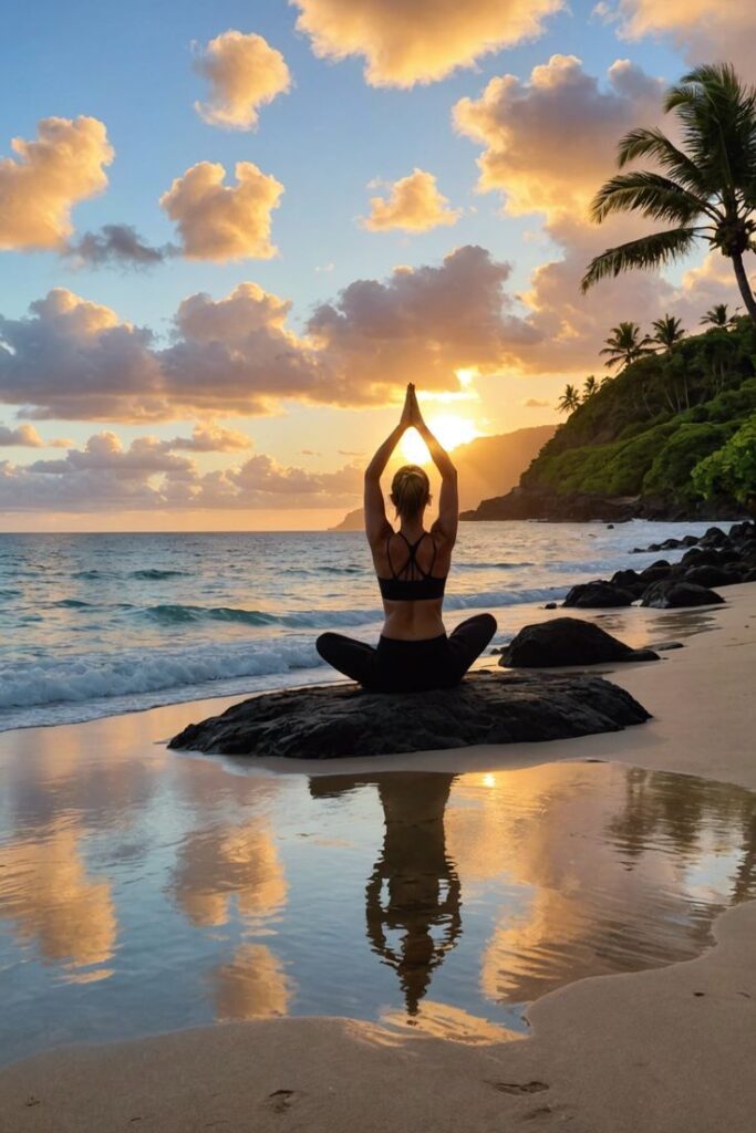 Woman practicing yoga on a beach rock at sunset, with palm trees and ocean reflection enhancing the tranquil atmosphere.