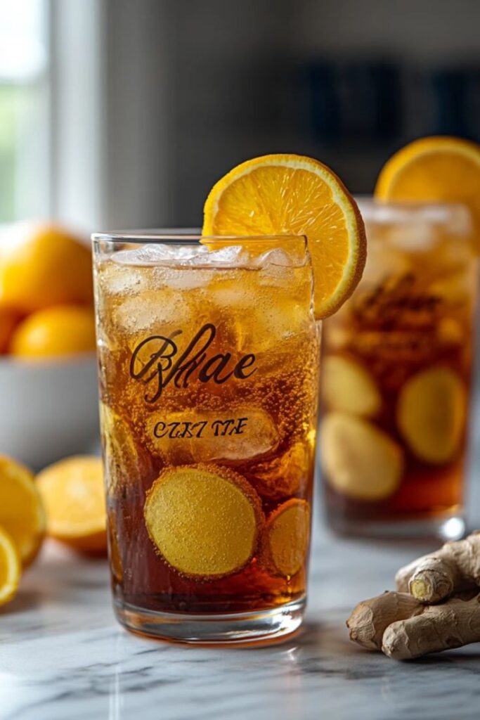 Refreshing iced tea with lemon and ginger slices, garnished with an orange slice, on a sunny kitchen countertop.