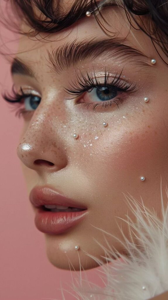 Close-up of artistic makeup with pearls and glitter on a woman's face, emphasizing her eye, freckles, and glossy lips against a pink background.