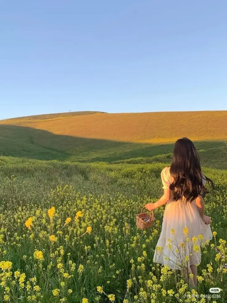 Woman in a white dress with a basket walks through a meadow of yellow flowers under a clear blue sky.