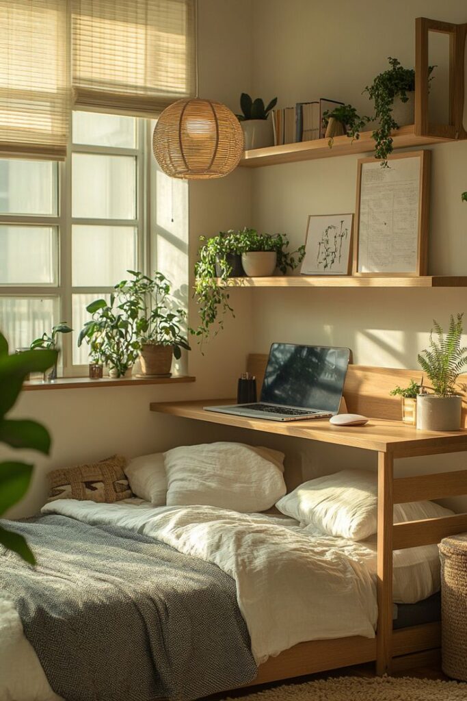 Cozy bedroom with natural light, wooden furniture, plants, and a laptop on the desk, creating a serene workspace.