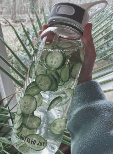 Clear water bottle with cucumber slices for refreshing detox drink, held outdoors near greenery. Hydration and wellness concept.