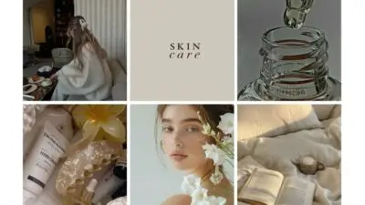 Aesthetic skincare collage featuring products, a serene woman, cozy bed with book and coffee, and a dropper bottle. Ideal self-care vibe.