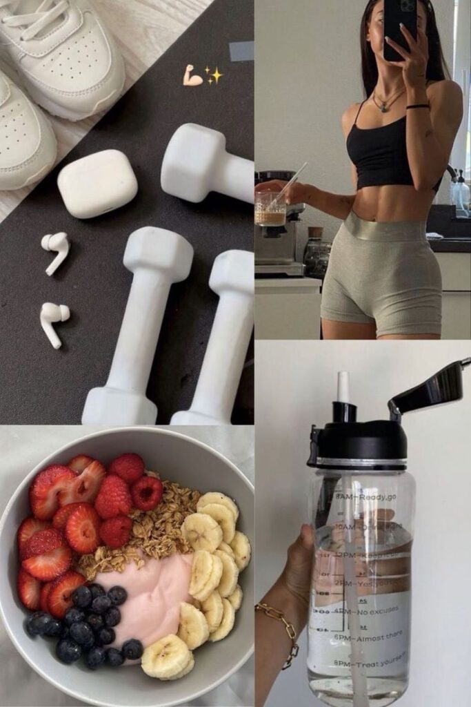 Fitness essentials collage: workout gear, smoothie bowl with fruits, dumbbells, water bottle, and active lifestyle inspiration.