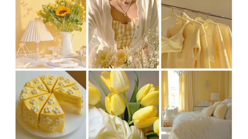 Yellow aesthetic collage: flowers, fashion, cake, and interior decor. Bright and cheerful yellow tones dominate the harmony.