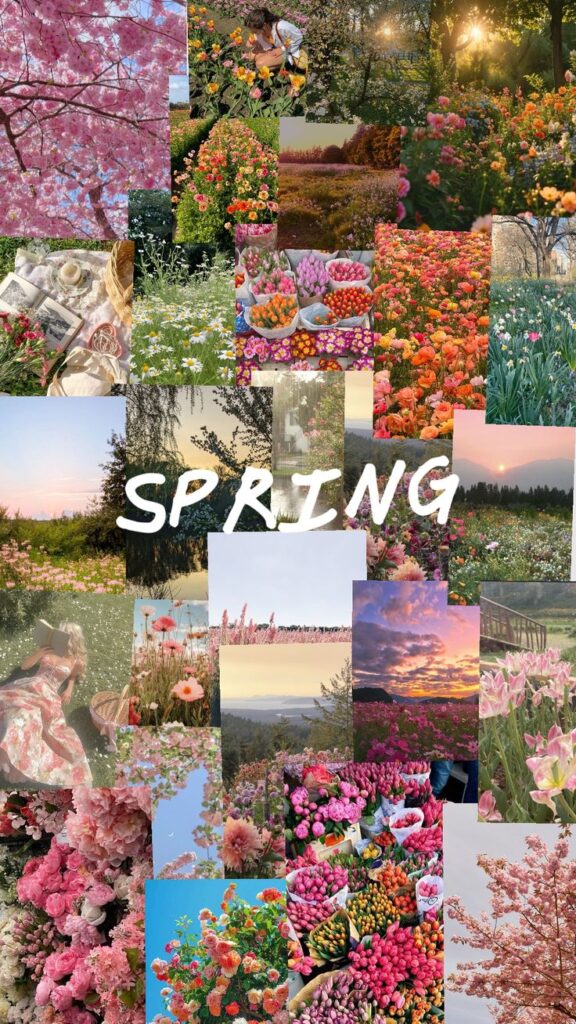 Collage of vibrant spring flowers and scenic landscapes, showcasing blooming beauty and sunsets. Text SPRING in center.