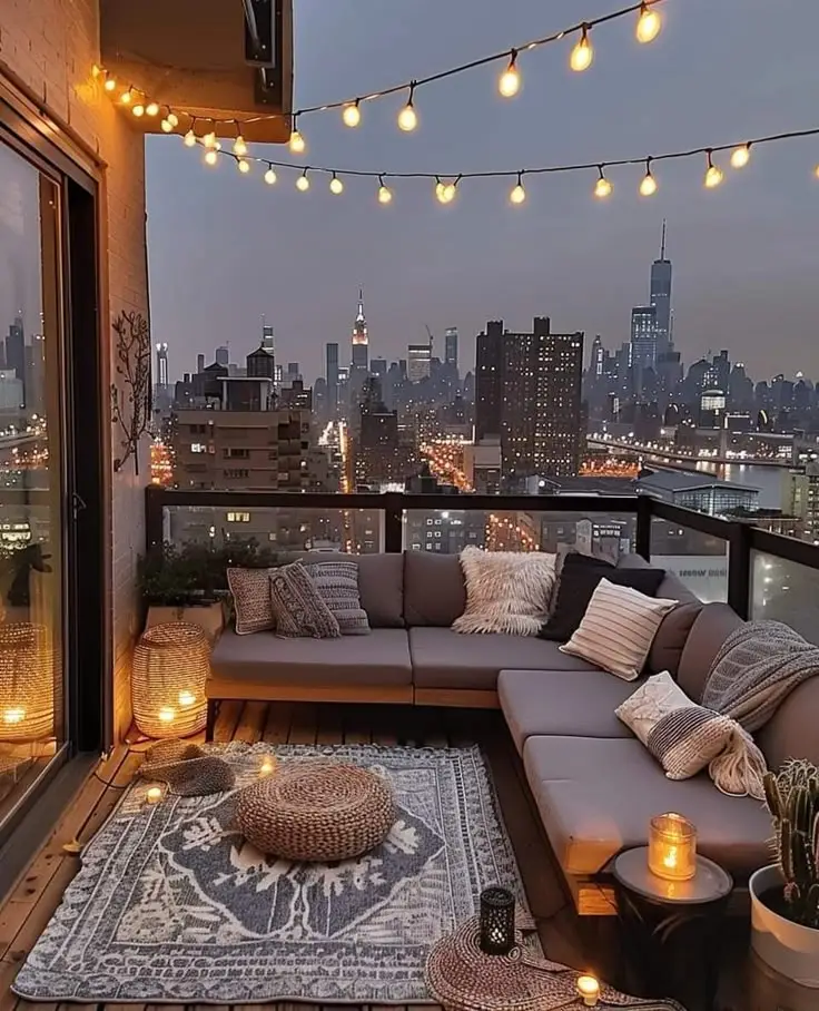 Cozy rooftop patio with string lights, city skyline view, corner sofa, cushions, and candles creating a warm evening ambiance.