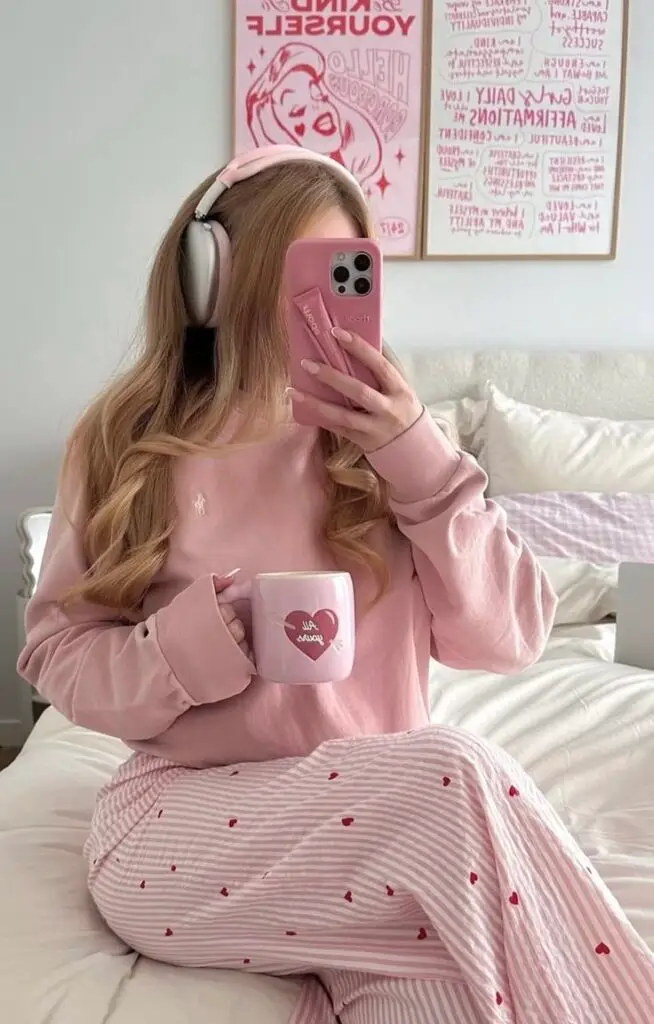 Person in pink pajamas with hearts, holding a mug and smartphone in bed, wearing headphones. Cozy and relaxed morning vibe.