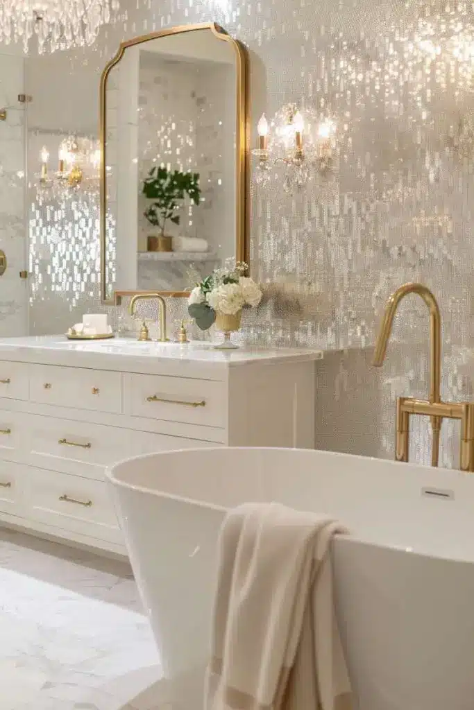 Luxurious bathroom with gold accents, freestanding tub, elegant mirror, and sparkling wall tiles.