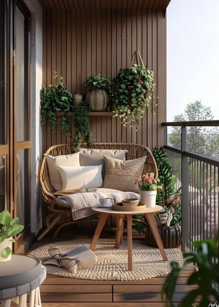 Cozy balcony with wicker seating, pillows, hanging plants, and a wooden table with coffee, perfect for relaxation and nature enjoyment.