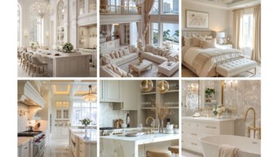 Collage of luxurious white and gold interiors: elegant kitchen, living room, bedroom, and bathroom with chic furniture and decor.