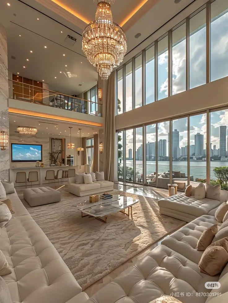 Luxurious high-ceiling living room with chandeliers, plush seating, and large windows revealing city skyline views.