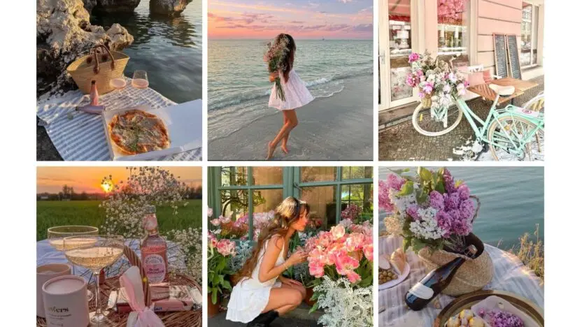 Collage of summer aesthetics: picnics, beach walks, flowers, and wine at sunset. Perfect for lifestyle inspiration and relaxation vibes.