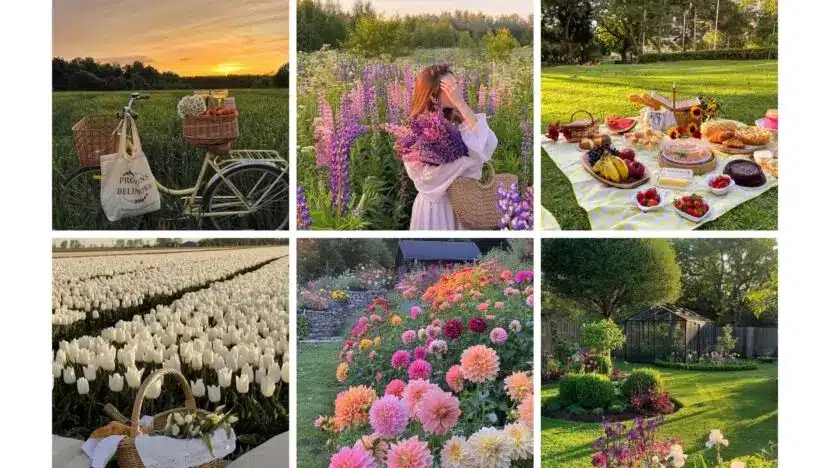 Collage of serene rural scenes: vintage bike, woman in flower field, picnic setup, white tulip field, colorful garden, and lush backyard.