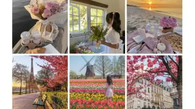 Collage of spring vibes: flowers, a beach picnic at sunset, cups of coffee, tulips, a windmill, and cherry blossoms in picturesque settings.