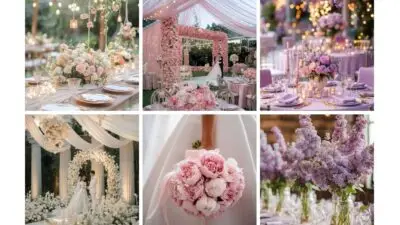 Romantic wedding decor collage with pastel floral arrangements, elegant table settings, and a dreamy ceremony backdrop.