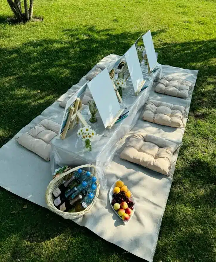 Outdoor painting setup with canvas boards, cushions, and a picnic spread featuring drinks and fruits on a grassy lawn.