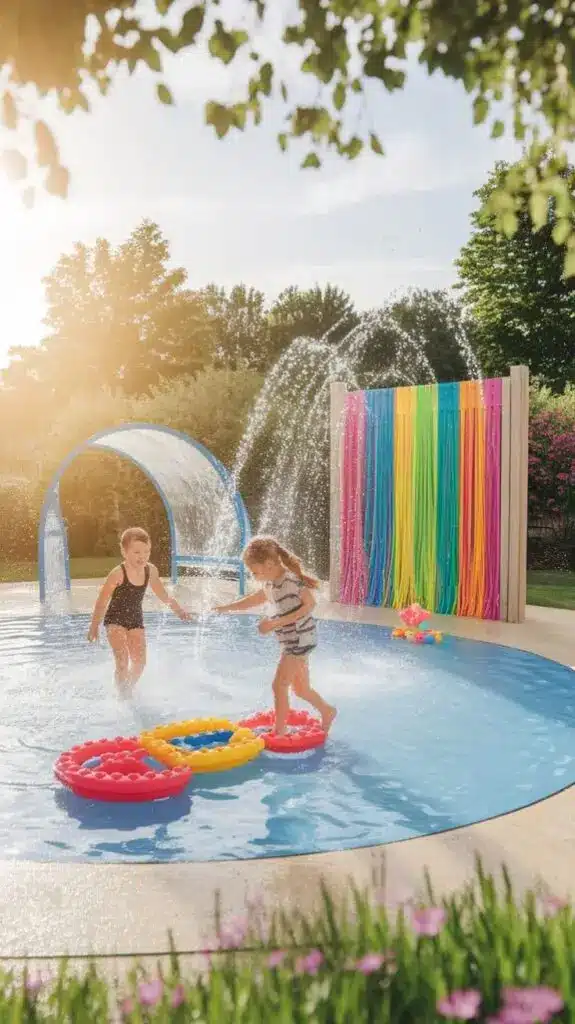Children playing in a colorful splash pad, enjoying water sprays on a sunny day. Bright rainbow backdrop enhances the fun.