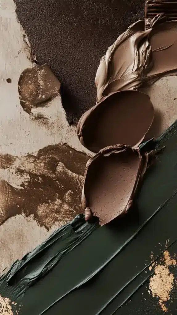 Earthy tones of brown and green paint smeared on canvas for abstract art background, showcasing texture and depth.
