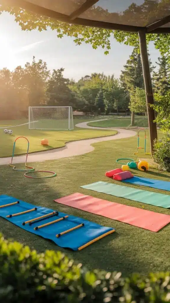 Outdoor kids' play area with mats, hoops, and balls on grass near a soccer goal under trees. Perfect for exercise and fun.